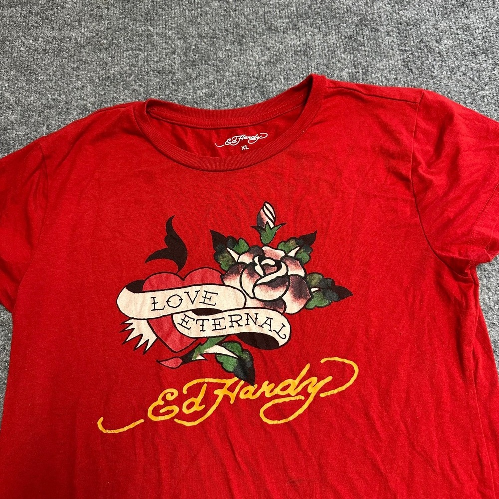Ed Hardy T-Shirt Womens Size XL Red Love Eternal Rose Tattoo Graphic Y2K Tee